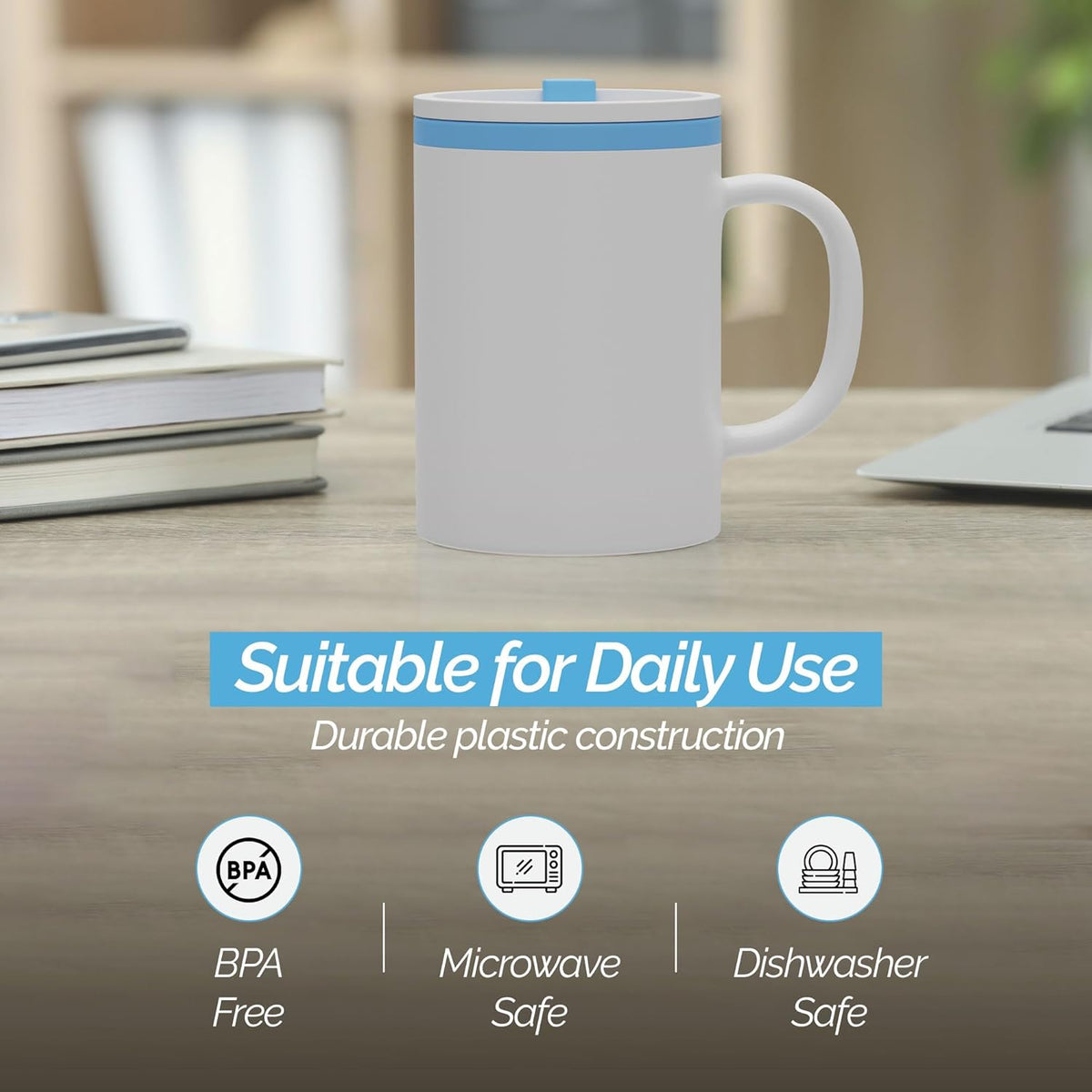 Copco Iconic 16oz Double Wall Insulated Desk Mug with Lid & Handle, Set of 2, BPA-Free Reusable Plastic, Spill-Proof, Microwave & Dishwasher Safe, Wide Mouth, Cup Holder Friendly (Teal)