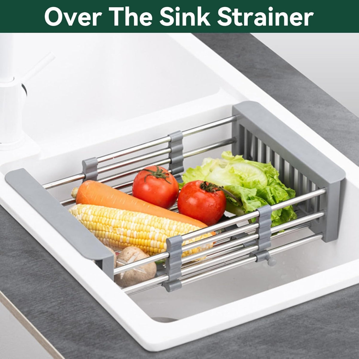 Cyrank Over The Sink Dish Drying Rack, Expandable Over Sink Grill Telescopic Drain Basket Kitchen Rack Drain Basket Sink Drying Rack(L#Grey)