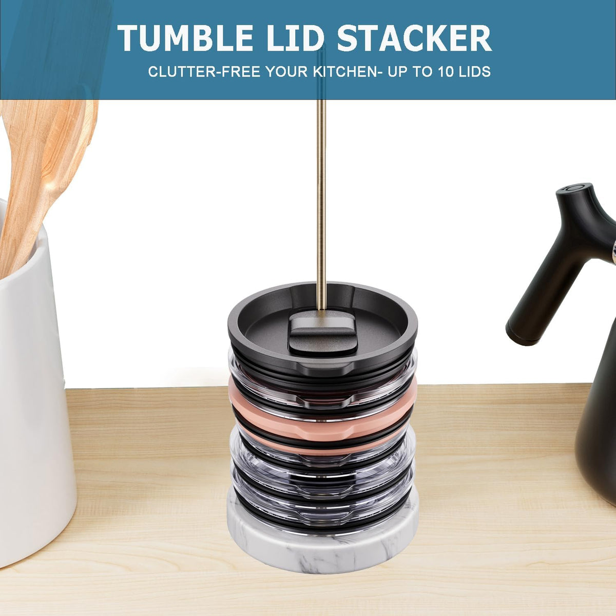 Stainless Steel Tumbler Lid Organizer With Marble Base for Stanley Cup/Yeti - Space-Saving Vertical Stacker for Up to 10 Lids, Clutter-Free Kitchen Cabinets and Countertops (Gold)
