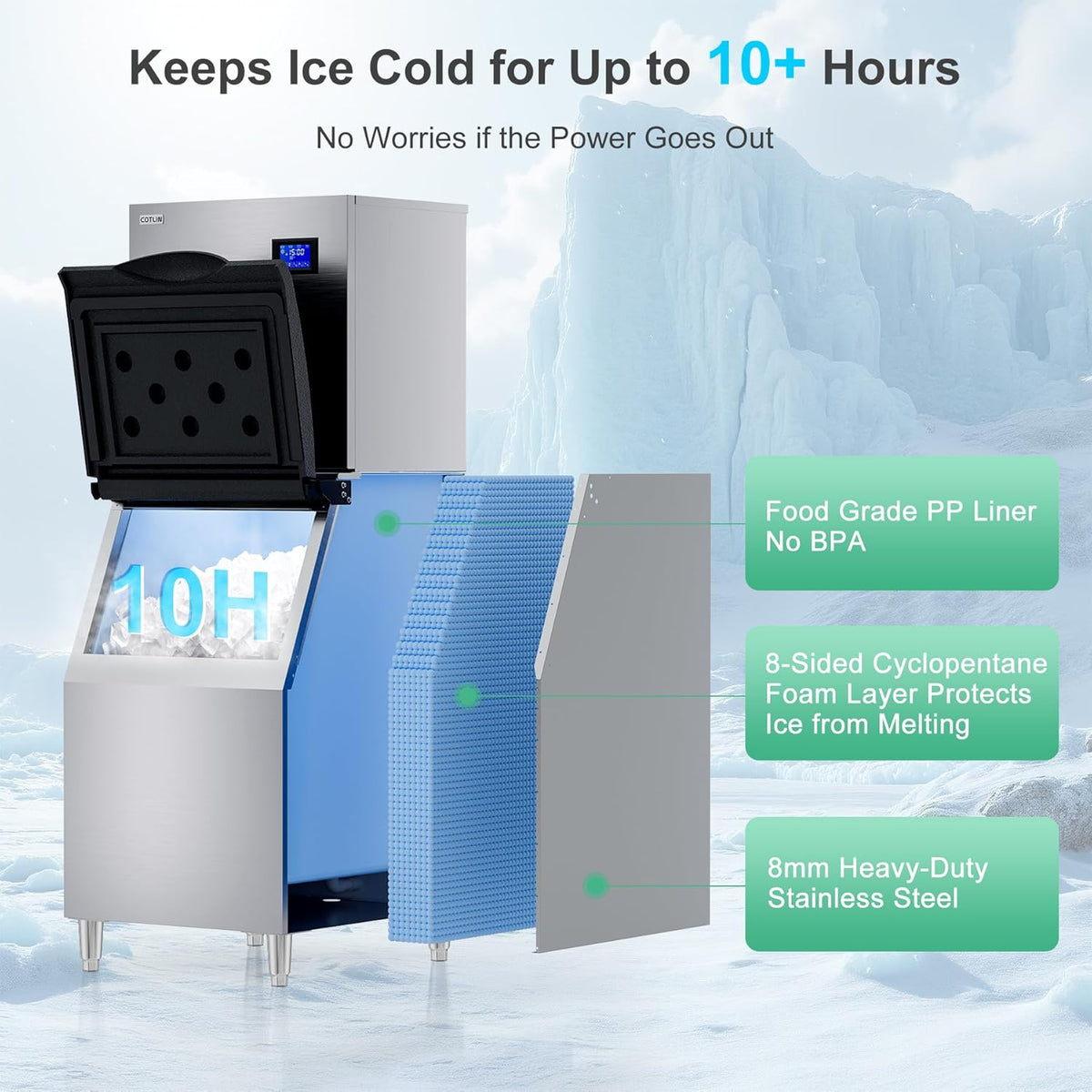 COTLIN Commercial Ice Maker 450LBS/24H with 350LBS Storage Bin, SECOP Compressor, Ice-Ready in 5-15mins, Large Ice Maker with Water Filter, Self-Cleaning/Timing/Ice Thickness Adjustment, 2025 Upgraded