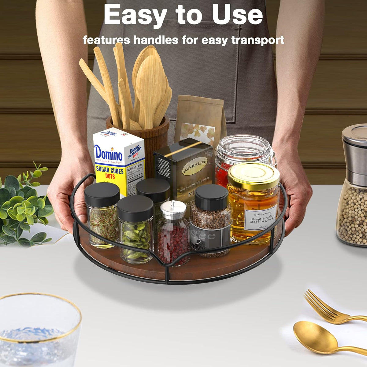 Lazy Susan Turntable Organizer with Anti-slip Mat for Cabinet Pantry Kitchen Countertop Refrigerator Office, Pine Wood, 10", Brown