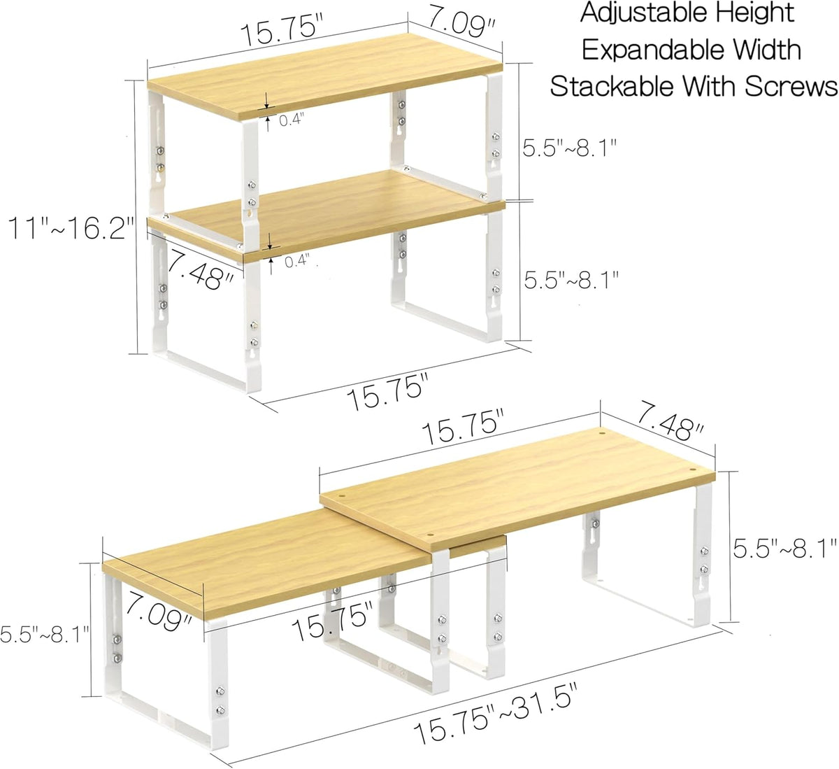 Expandable Kitchen Cabinet Organizer Shelves – Stackable Adjustable Metal and Wood Storage Racks for Countertop, Pantry, Garage Set of 2 Spice Rack – Easy Assembly, Space-Saving(1 Pack/Large/White)