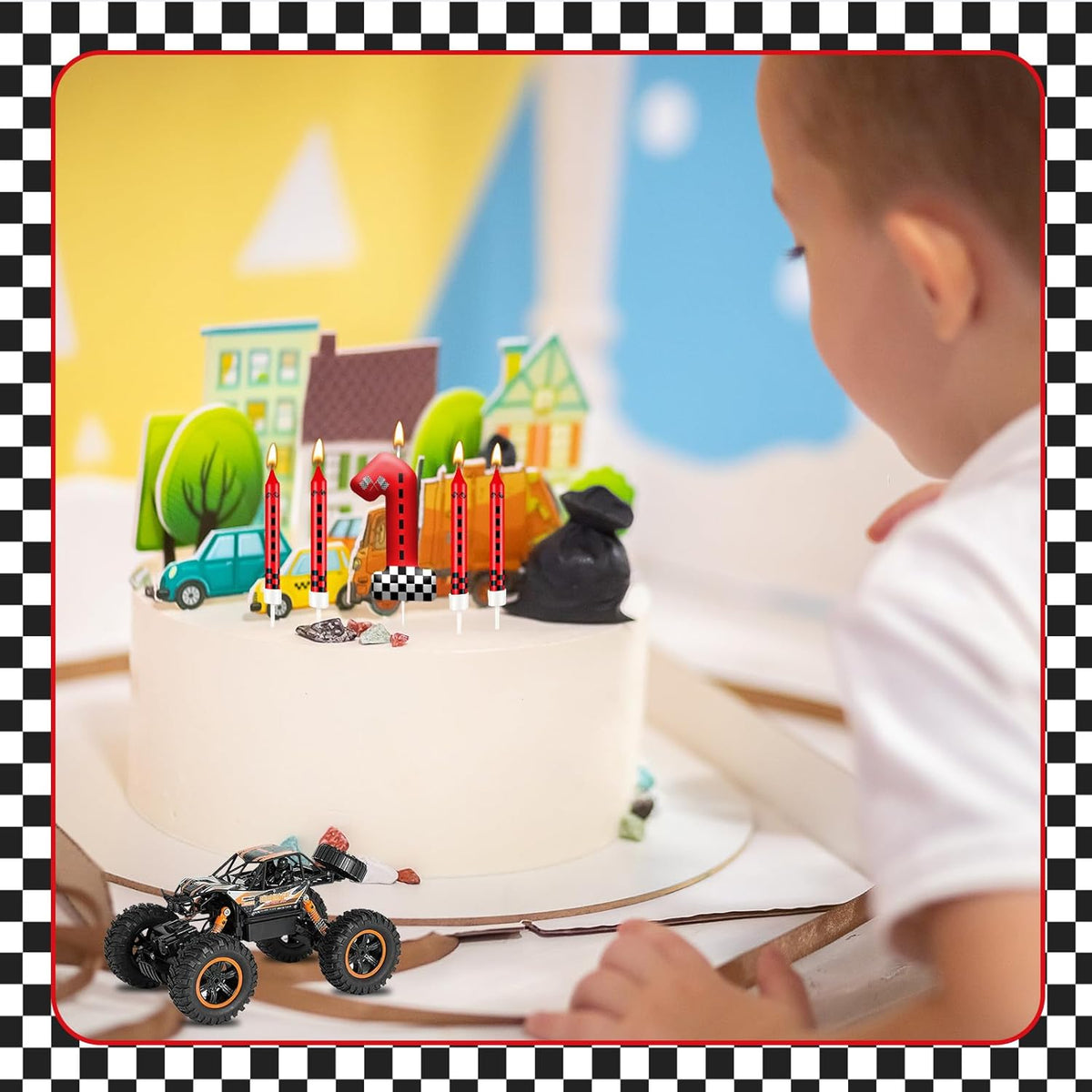 13PCS Racing Car Theme Birthday Candle Set with Checkered Flag Design - Durable Cake Topper for Race Car Party Decorations, Kids Birthday Supplies - Number 1 Candle for Racing-Themed Celebrations