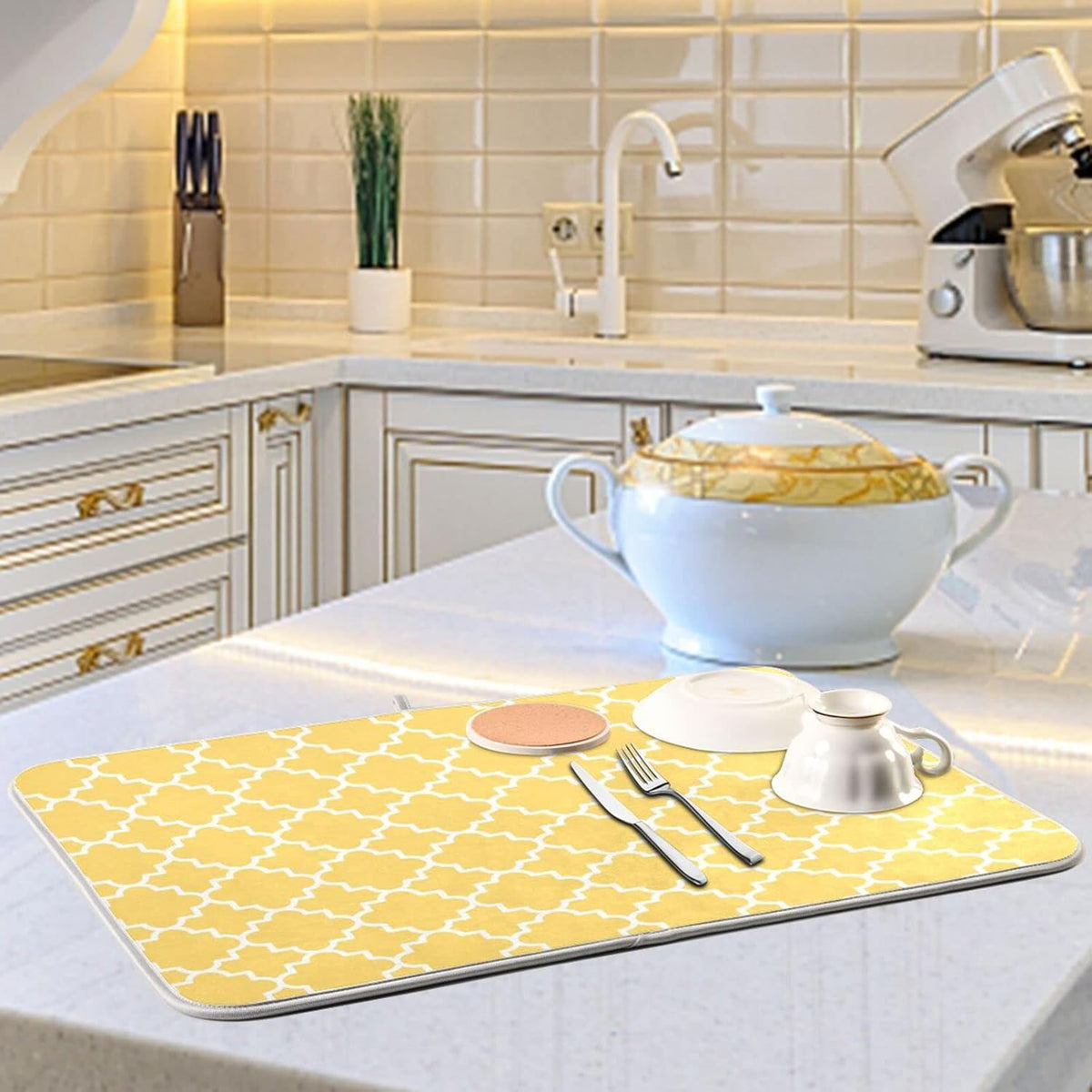 senya Super Absorbent Dish Drying Mat, Microfiber Fast-Drying Dish Mat, 16/'' x 18/'', Kitchen Dish Drying Pad, Quatrefoil Lattice Yellow Pattern, 16x18in