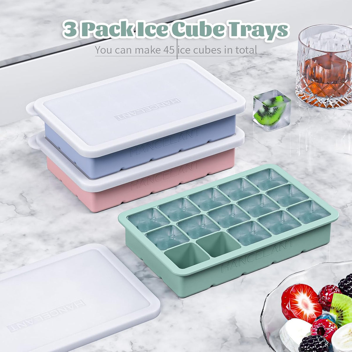 Silicone Ice Cube Tray 3 Pack, HANCELANT Ice Cube Mold, Ice Trays for Freezer with Lid for Whiskey, Baby Food, BPA Free, Easy Release
