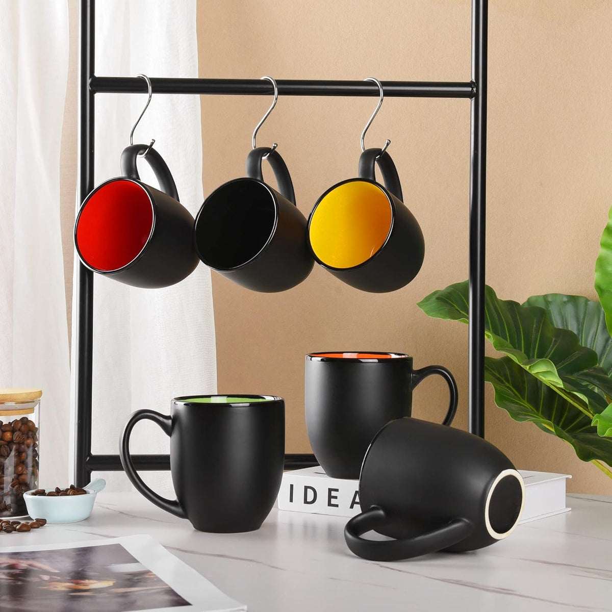 16oz ceramic Coffee Mug Sets with Large Handles Matte Black Porcelain Mug Multiple colors Cups for Coffee, Tea, Juice, Cocoa Set of 6 (16oz)