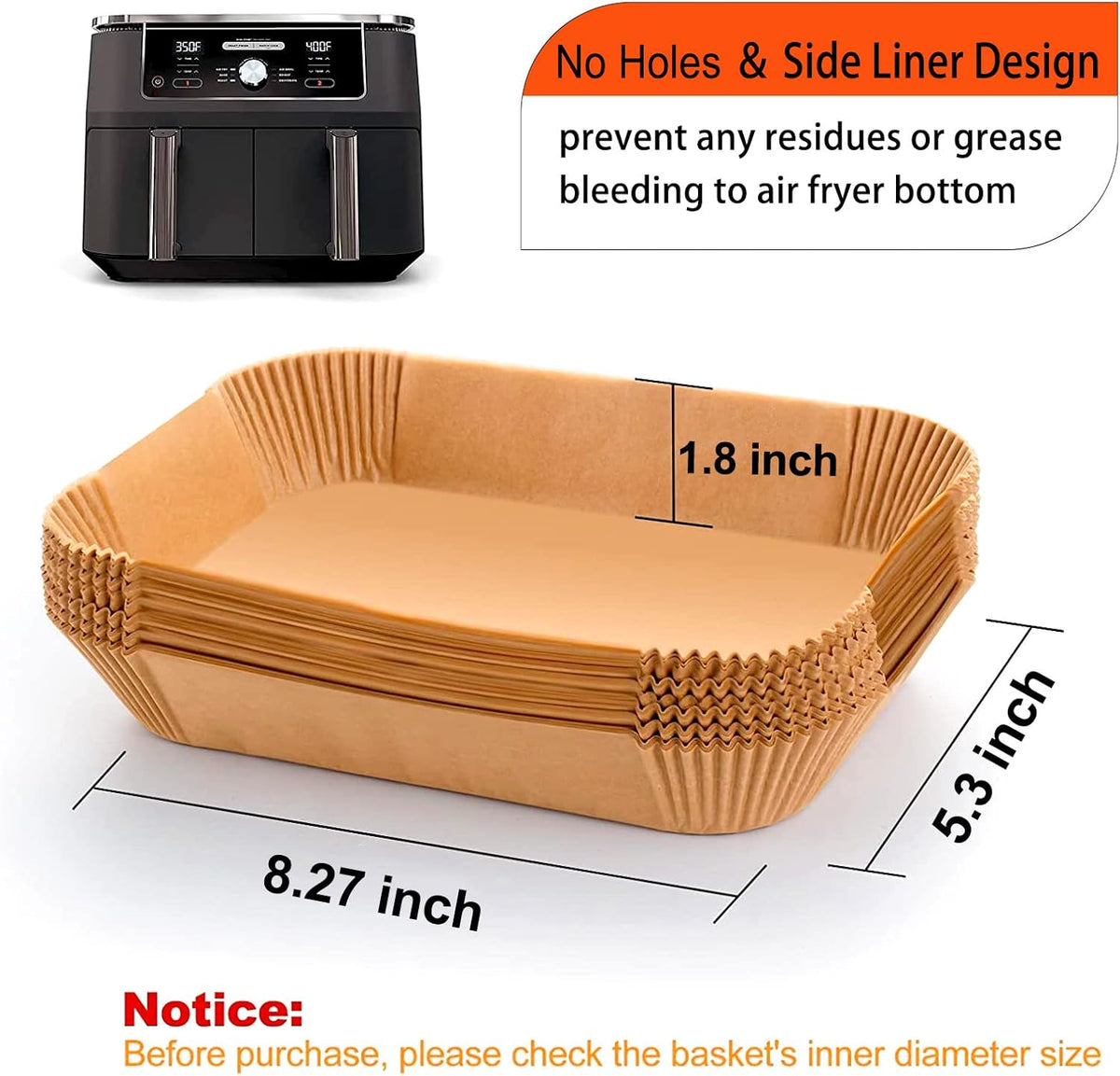 Air Fryer Liner Rectangular for Ninja Foodi Dual Basket 8QT 10QT, Bella Air Fryer Accessories, Air Fryer Liners 4 qt Rectangle, 125Pcs Parchment Paper liners for DZ201,DZ401, FG551