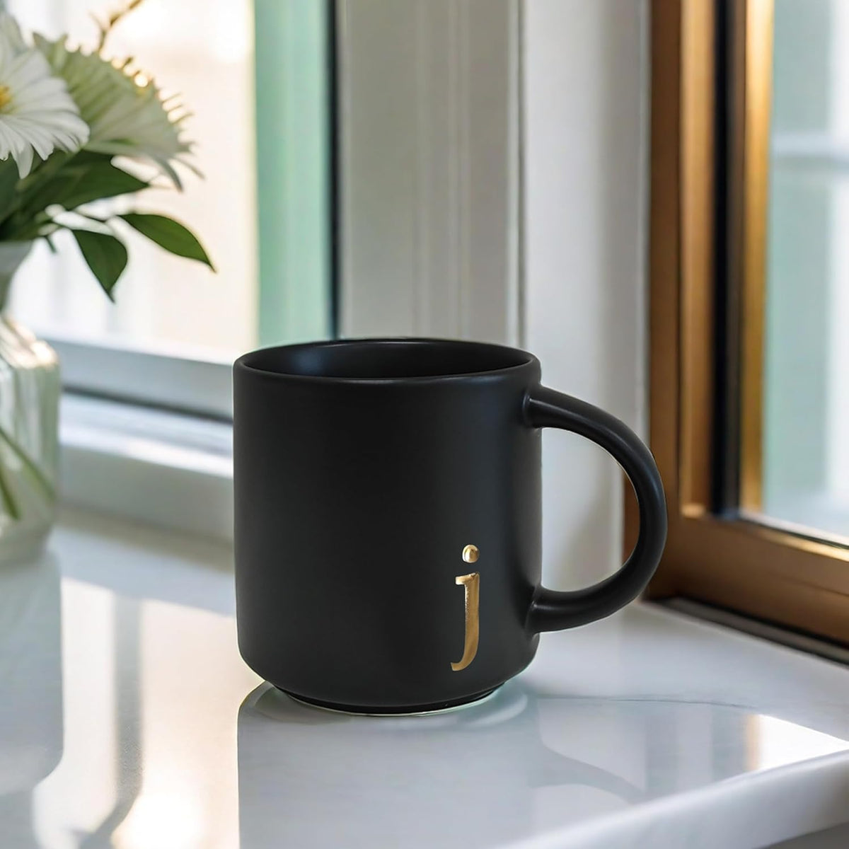 COLLECTIVE HOME - Black Monogram Ceramic Mugs, 15 oz Golden Initial Coffee Cups, Elegant Alphabet Tea Mugs, Personalized Halloween Mug with Gift Box, Perfect for Office and Home Décor (j)