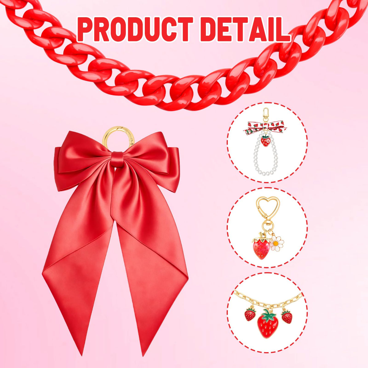 Zkptops 5PCS Tote Bag Decoration Kit Pearl Purse Chain Cute Bow Bag Charms Strap Extender Chain Keychain Charm Accessories for Women Compatible with YETI Camino Bogg Beach Handbag Wallet(Strawberry)
