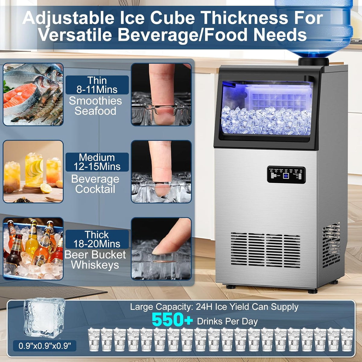Commercial Ice Maker Machine 110Lbs/24H with 2 Water Inlet Modes, 36Pcs Ice Cubes in 8-15 Mins, Stainless Steel Under Counter/Freestanding Ice Machine with 25Lbs Storage Bin for Home/Shop/Office/Bar