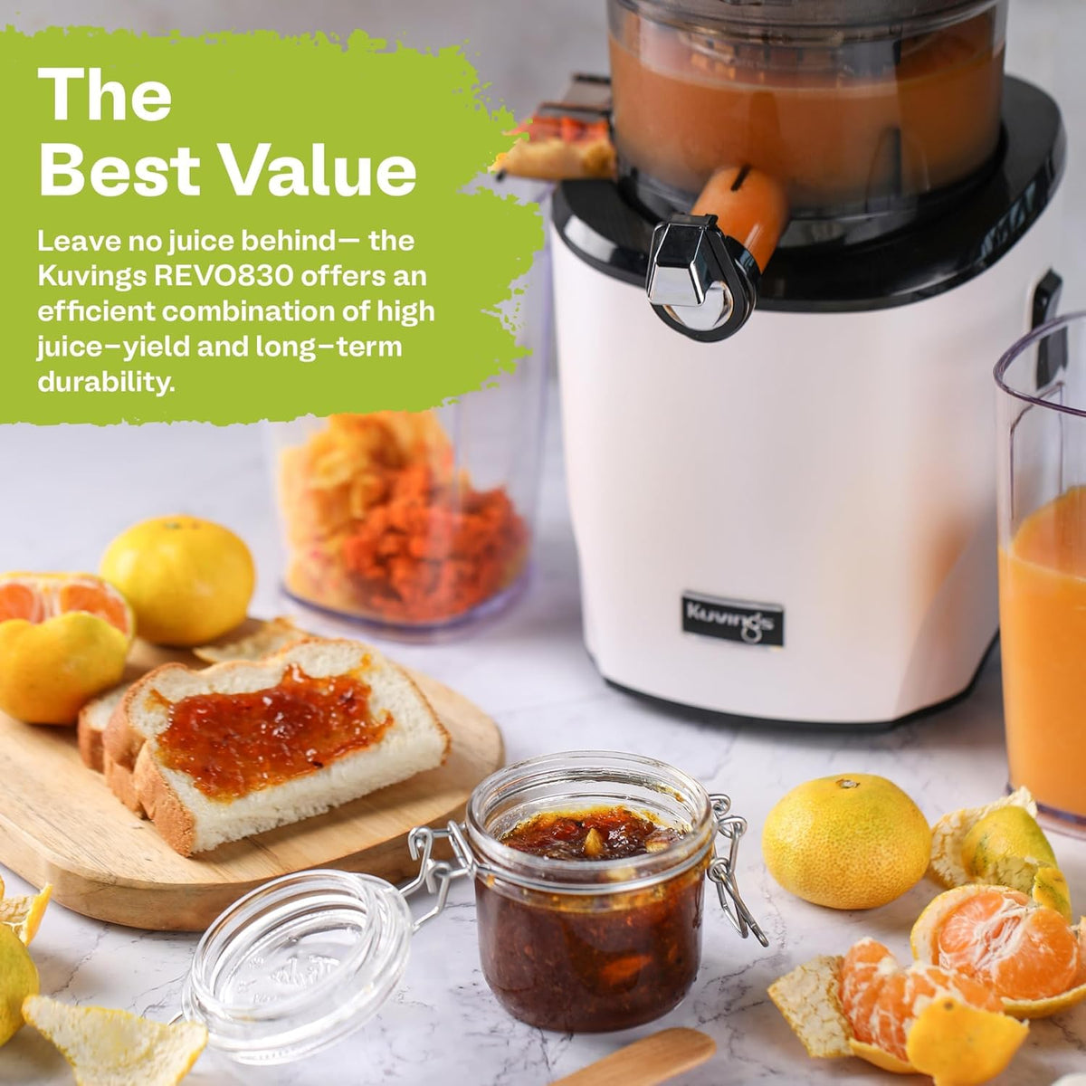 Kuvings Whole Slow Juicer REVO830SWP Cold Press Masticating Juicer Machine - Extra Wide 88mm & 48mm Food Chutes - Quiet Strong Motor Auto-Cut Fruits & Veggies - Smoothie Sorbet Attachment - White
