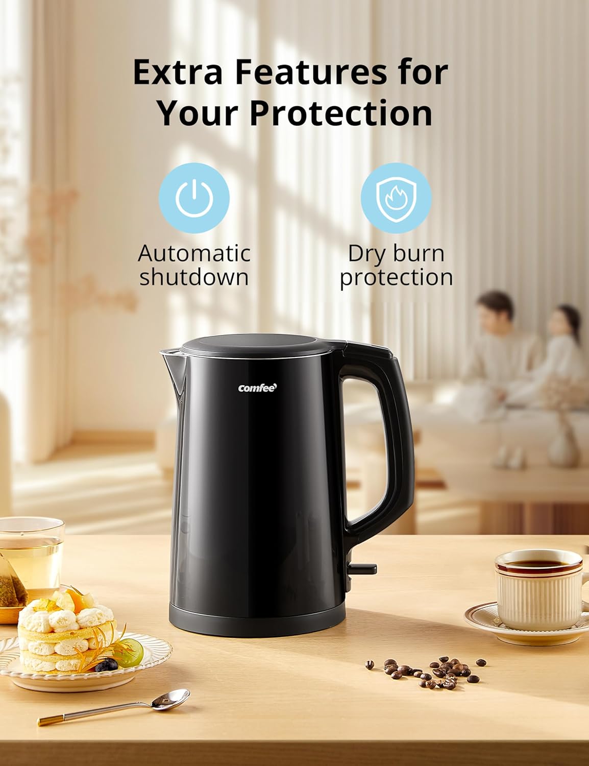 COMFEE' Electric Kettle and Tea Kettle, 1.5L Double Wall, Stainless Steel Interior, Lid & Spout, Fast Boil, Auto-Off, and Boil-Dry Protection, 1500W