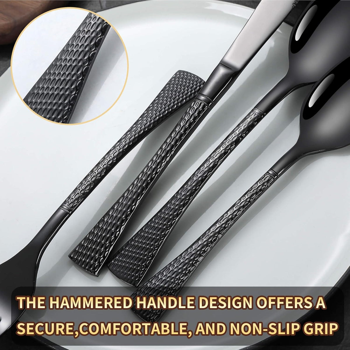 Hammered Black Silverware Set,20 Piece Modern Flatware Set Service for 4,Mirror Polished Stainless Steel Cutlery Set Utensil Set Tableware Set,Kitchen Knives Forks Spoons Set,Dishwasher Safe