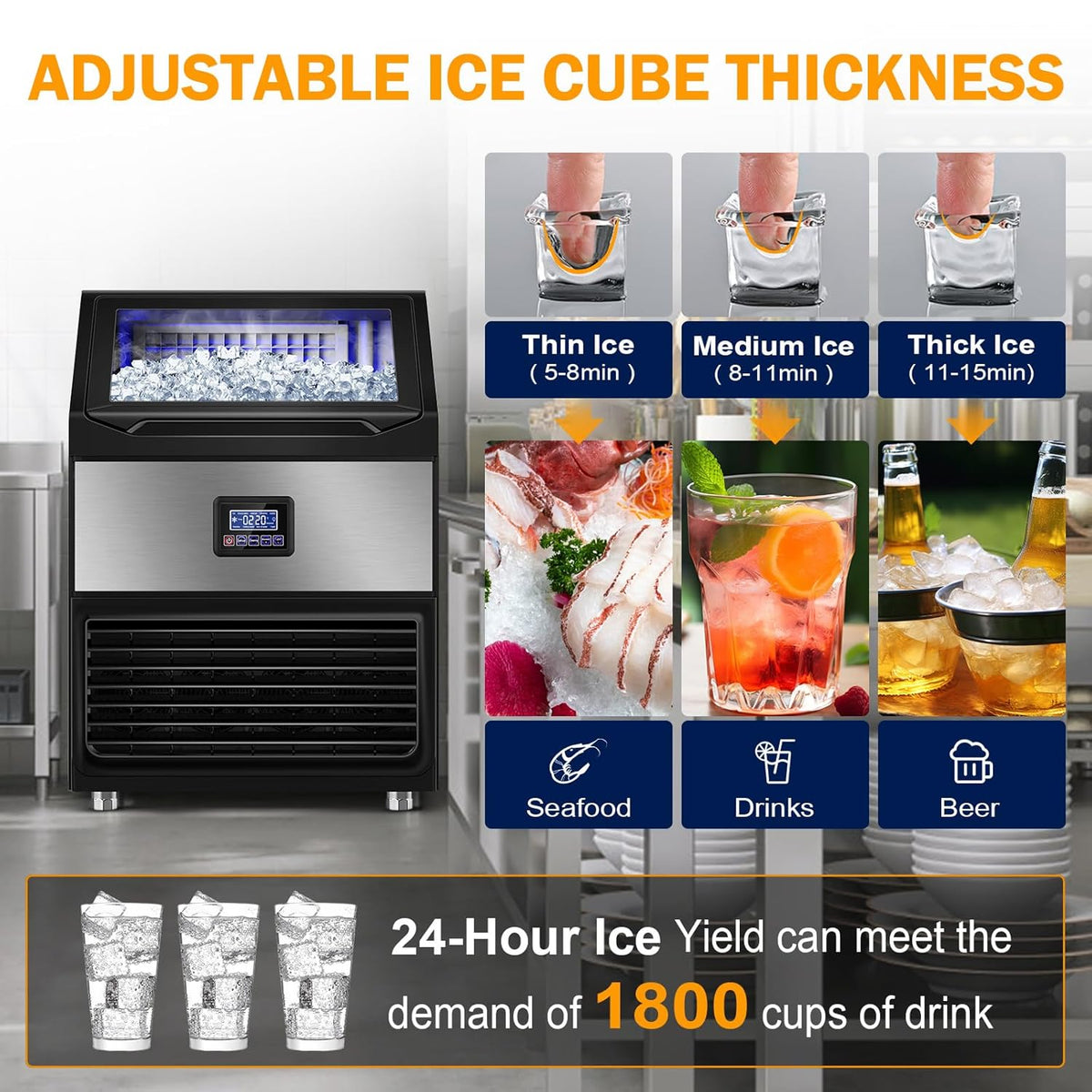 Ice Maker Machine Commercial, 240Lbs/24H with 75Lbs Storage Bin, 80Pcs Ice Cubes 8Mins, Freestanding Large Ice Machine with Water Filter and Ice Scoop for Restaurant Bar Home Office