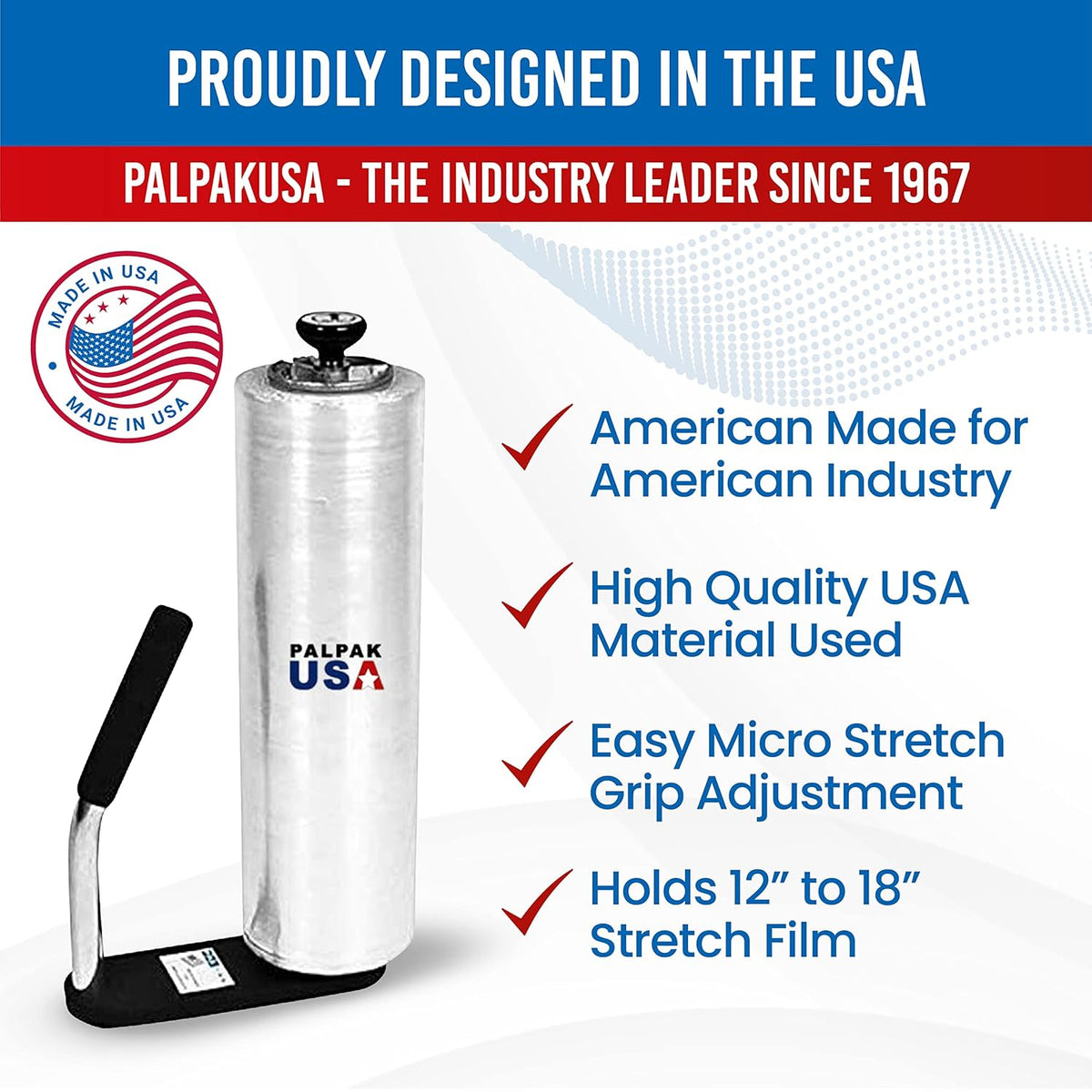 Made in USA! Industrial Strength Stretch Film Dispenser - Palpak100 Light Weight Pallet Wrapper – Tension Knob Adjustment Wrap Handle (1 Pack)