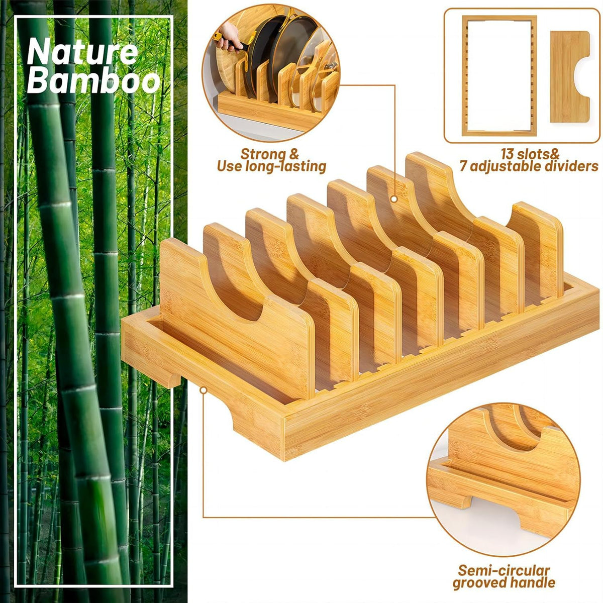 Bamboo Pot and Pan Organizer, Pot Lid Organizer Holder Rack for Countertop Drawer, Kitchen Cabinet Organizer with 7 Adjustable Dividers for Pots, Pans, Baking Sheets, Cutting Boards, Nature