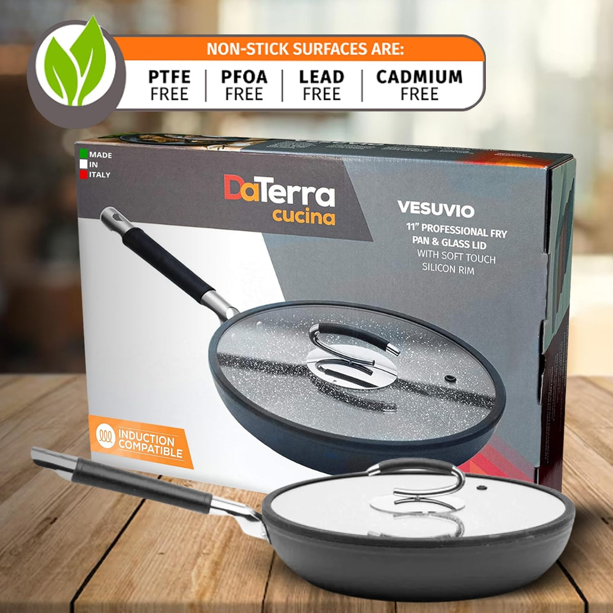 DaTerra Cucina 11" Nonstick Ceramic Frying Pan with Lid – Oven & Induction Safe, High Heat Resistant Nonstick Cookware, Dishwasher Safe, Durable & Stylish - Volcanic Black Speckled – Made in Italy