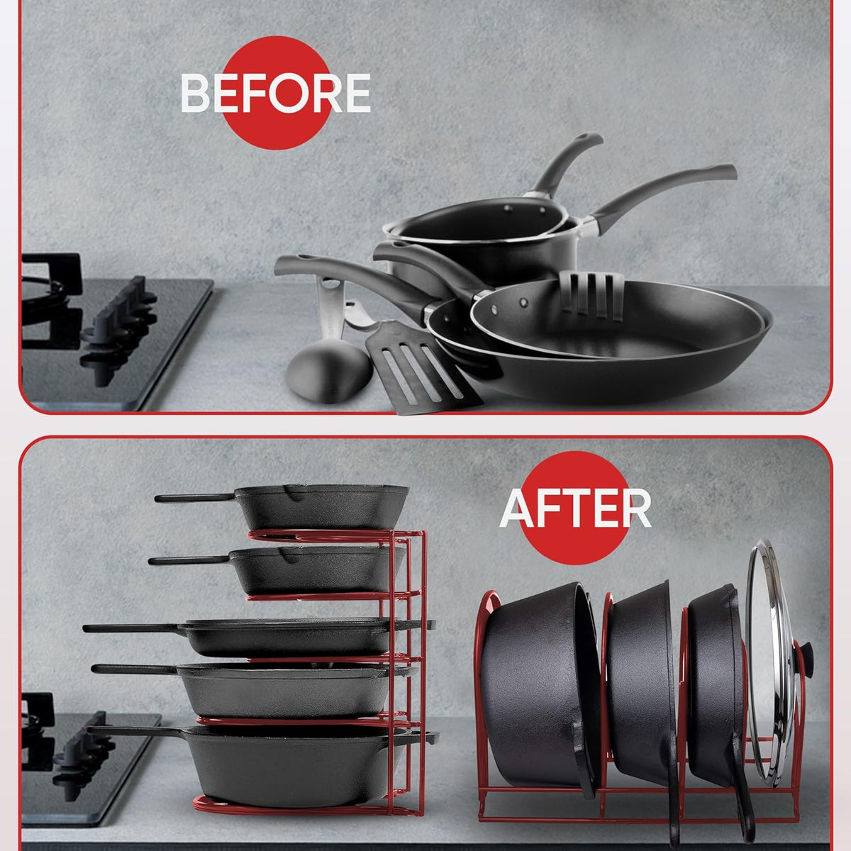 Heavy-Duty Pots and Pans Organizer | 5-Tier Cookware & Lid Storage Rack | Free-Standing or Wall-Mount | Kitchen Organizer for Cast Iron Skillets, Pots, Frying Pans, Lids | Red