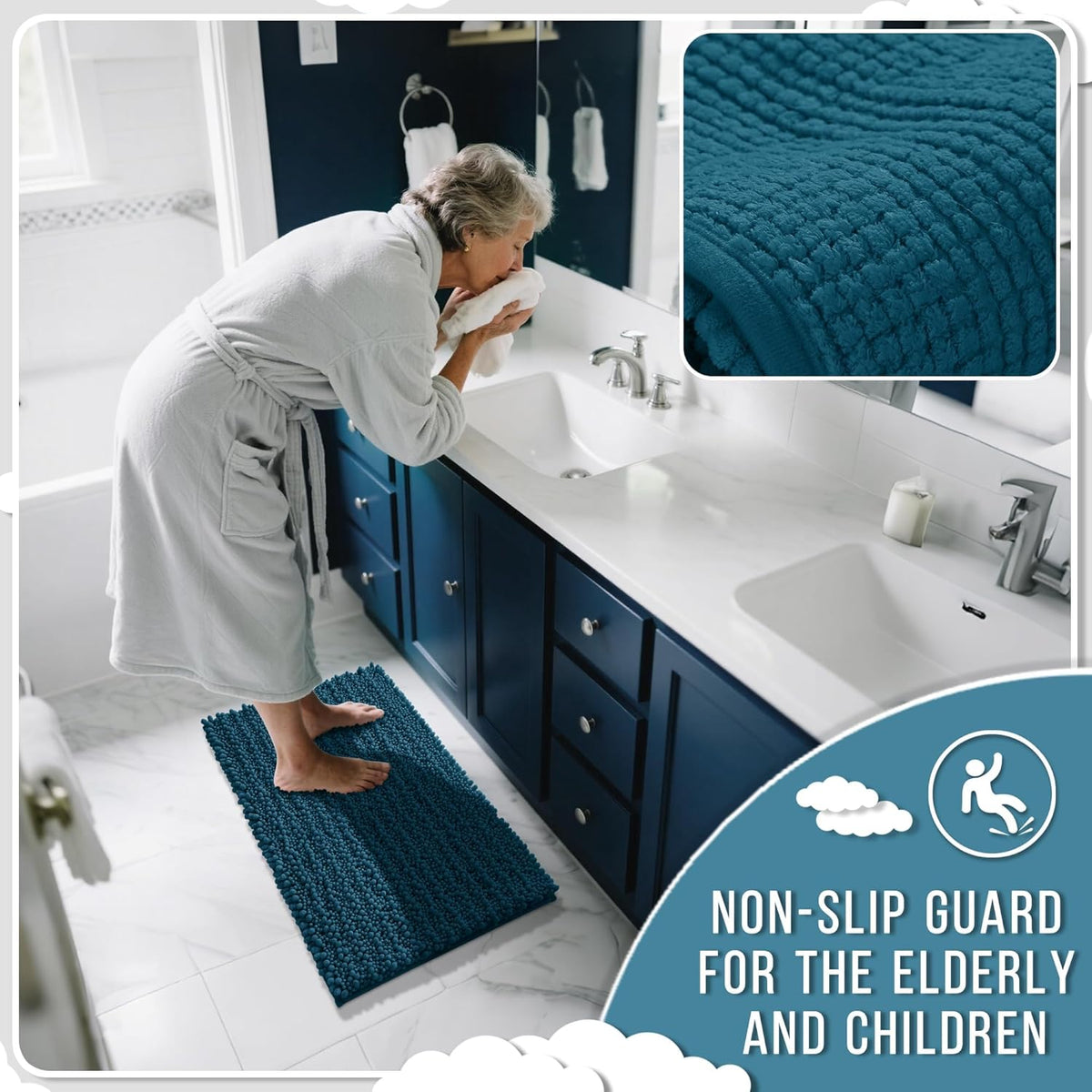 Yimobra Bathroom Rugs Non Slip Washable 24x17 Inch - Ultra Soft Absorbent Chenille Bath Mat, Quick Dry Shaggy Floor Carpet for Tub Shower, Peacock Blue Home Decor Accessories