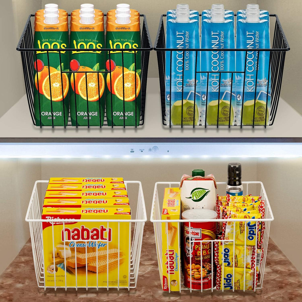 SANNO Freezer Wire Storage Organizer Basket, Refrigerator Storage Baskets Bins Organizer with Built-in Handles for Cabinets, Pantry, Closets, Bedrooms 4 Pack 11"x10"x 7" White