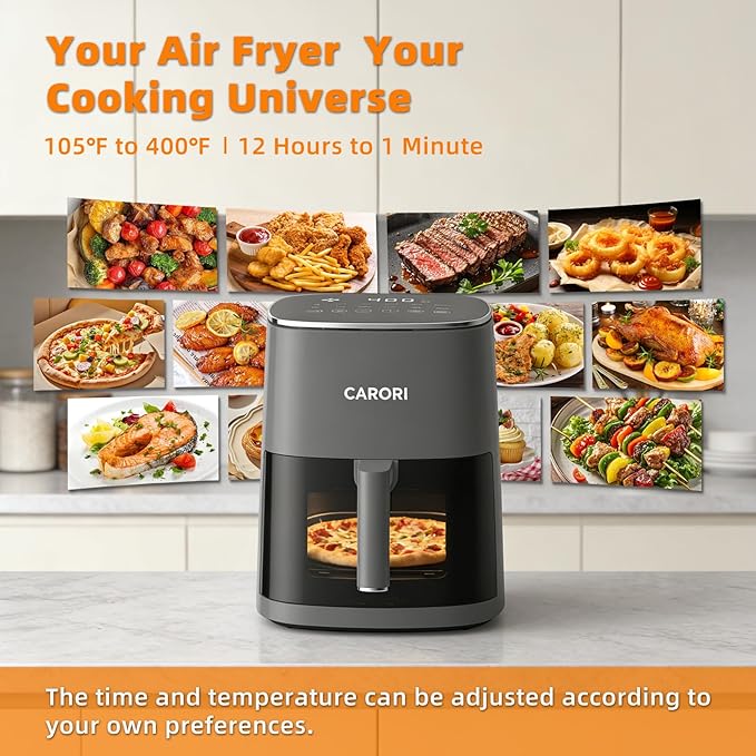 CARORI 6QT Air Fryer with Viewing Window, 12 Cooking Presets, 1700W Fast & Even Cooking, Max 400β Crisping, Bake, Roast, Reheat & Dehydrate, Large Nonstick Basket, Dishwasher Safe, Gray