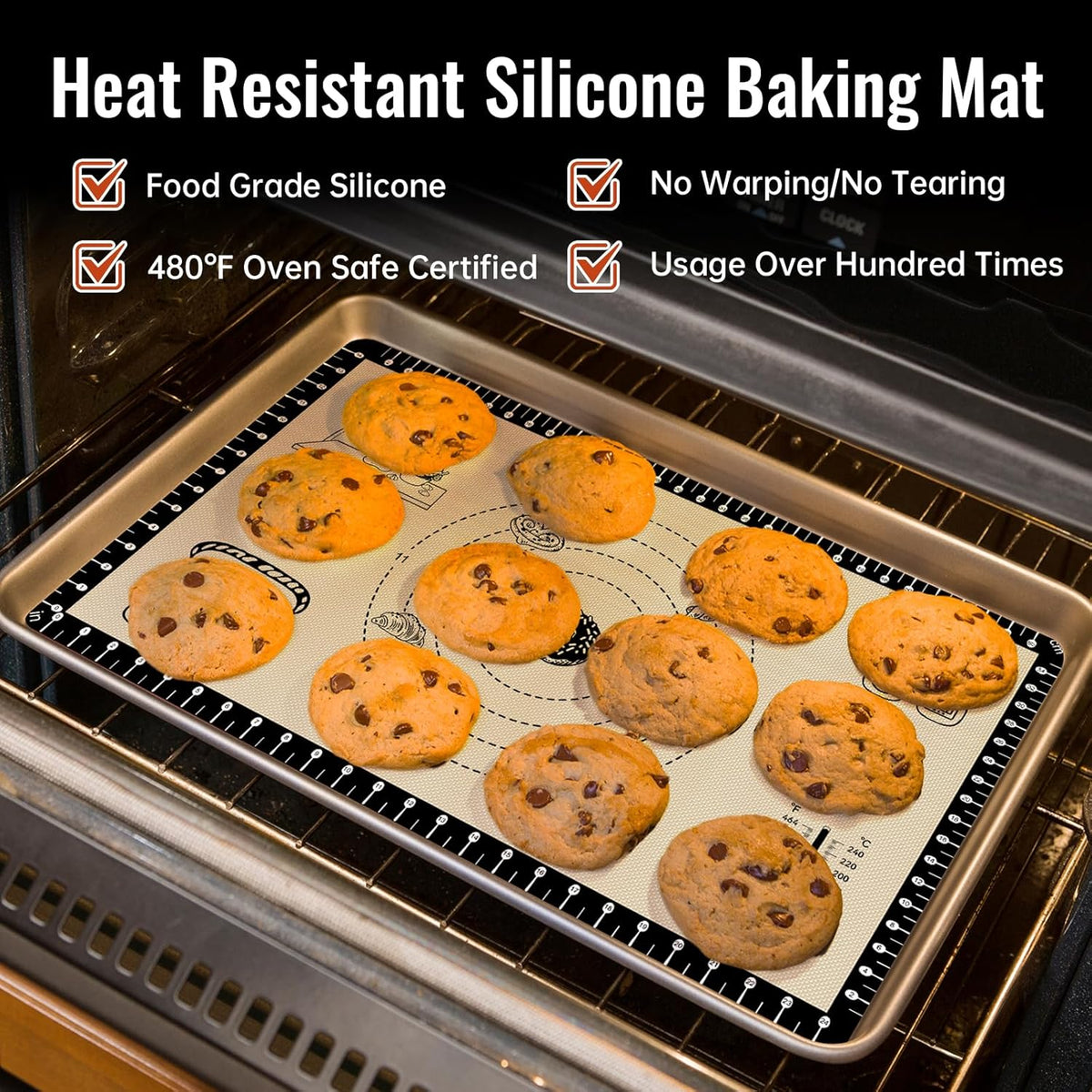 Silicone Baking Mat with 10 Recipes, Non Stick Silicone Pastry Mat, Kneading Dough Rolling Mat Silicone Mats for Baking Cookie, bread, Pizza, Surdough, Extra Thick Oven Mat & Dishwasher Safe