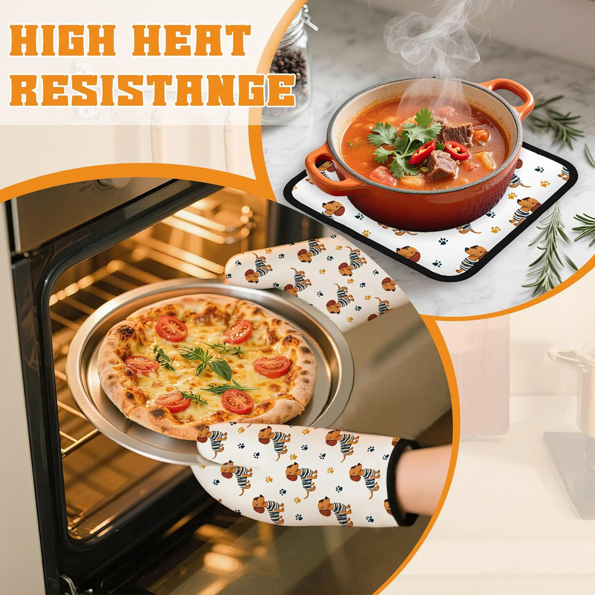 Cute Dachshund Dog Oven Mitts and Pot Holders,Paw Heat Resistant Oven Mitts Gloves and Pot Holder for Home Kitchen Decorations Cooking Baking BBQ Gifts,Set of 4