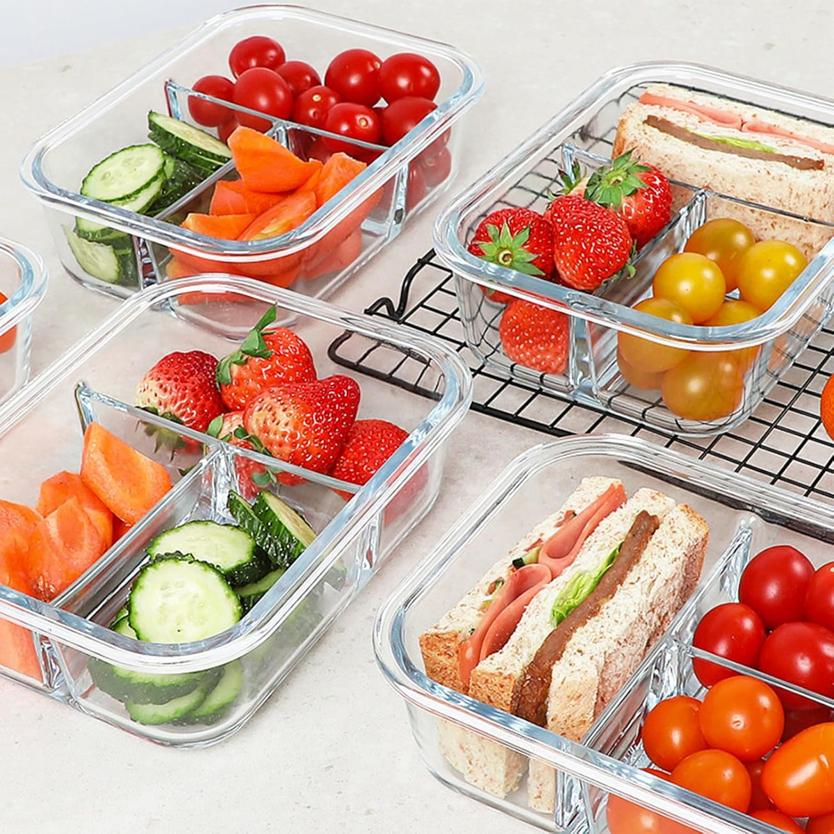 KOMUEE Glass Meal Prep Containers 3 Compartments, 5 Pack 36 oz, Glass Food Storage Containers with Lids, Airtight Lunch Bento Box, Portion Control, Freezer and Microwave Safe, White