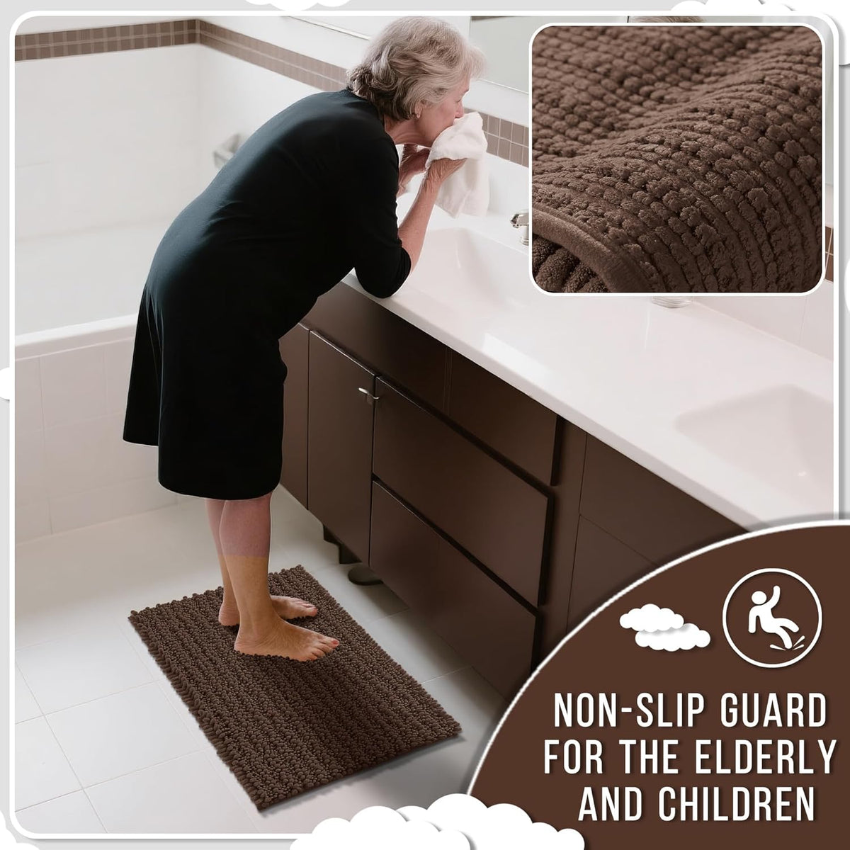 Yimobra Bathroom Runner Rug 70x24 Inch - Extra Long Non Slip Chenille Bath Mat, Soft & Absorbent, Machine Washable Shaggy Hallway Carpet for Vanity Tub Shower, Brown Home Decor Accessories