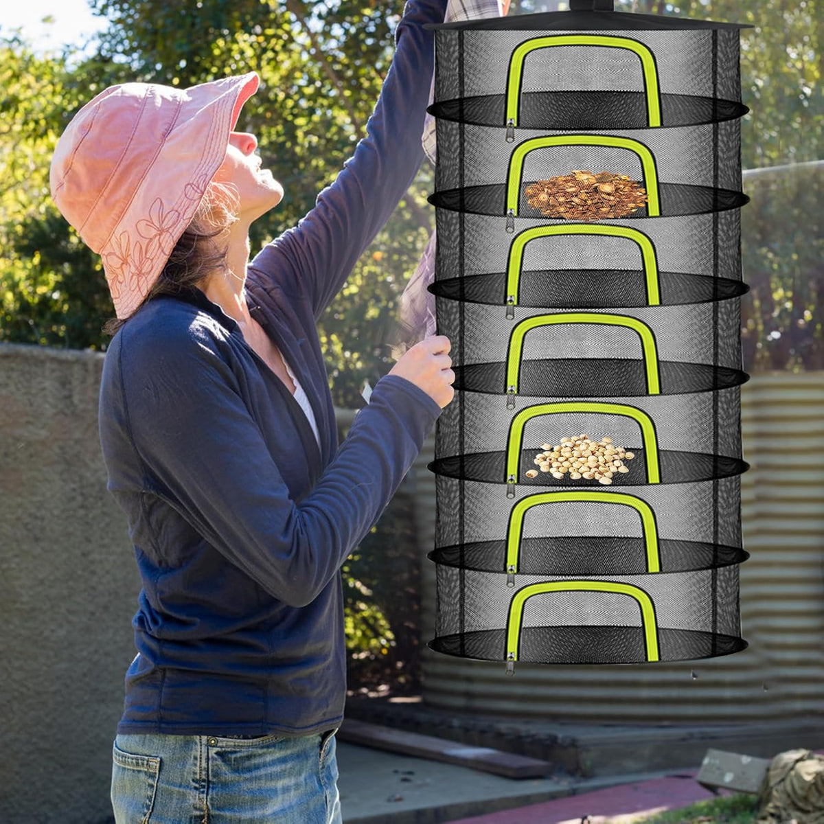 7 Layer Herb Drying Rack, Herb Drying Rack Hanging Mesh, Foldable Bud Drying Net with U-Shaped Zipper, Hooks, for Drying Herbs Plants, Flowers, Fruits, Food, Camping (7 Layers-23.62'')