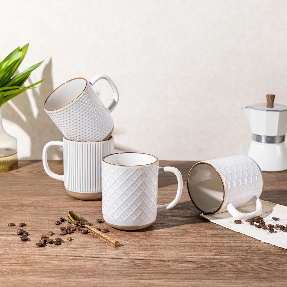 GBHOME Large Coffee Mugs Set of 4, 16oz Handmade Stoneware Coffee Mugs Set with Large Handle for Cappuccino/Latte/Tea/Hot Cocoa, Dishwasher & Microwave Safe, Off White