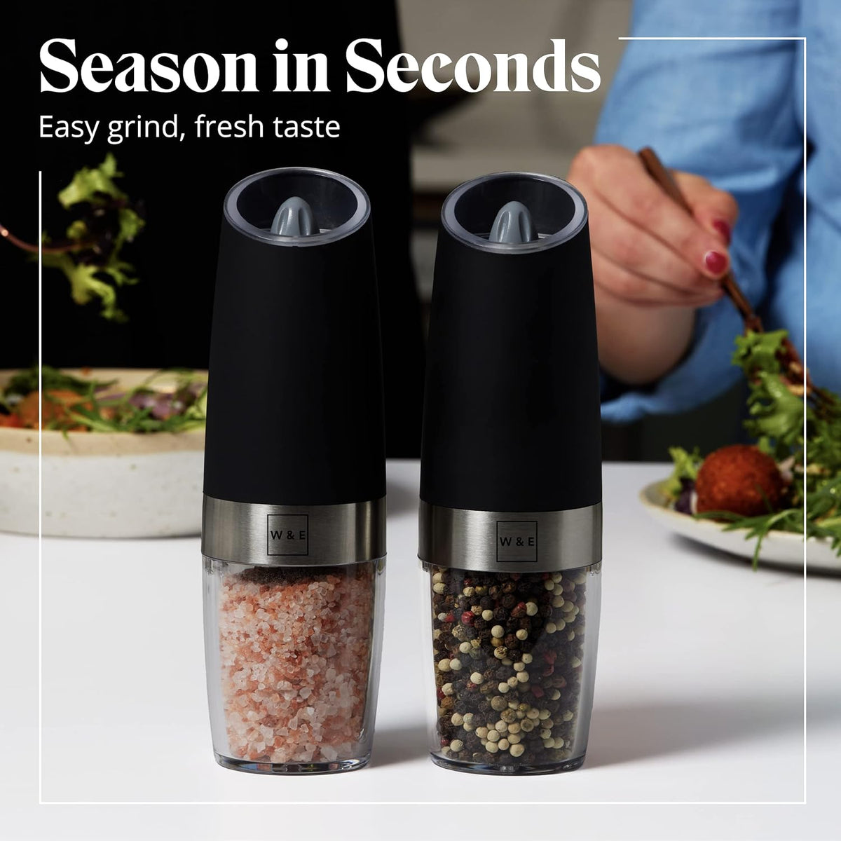 Willow & Everett Electric Salt and Pepper Grinder Set - Battery-Operated, Automatic Salt and Pepper Shakers - Black and Stainless Steel Gravity Electric Salt Grinder & Pepper Mill for Seasoning