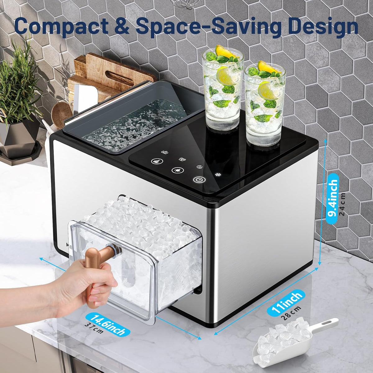 Nugget Ice Maker Countertop, 40lbs/24H, Pebble Ice Maker with Soft Chewable Ice, Self Cleaning Sonic Ice Machine, Stainless Steel w/Touch Screen for Home Office Bar Party- Silver
