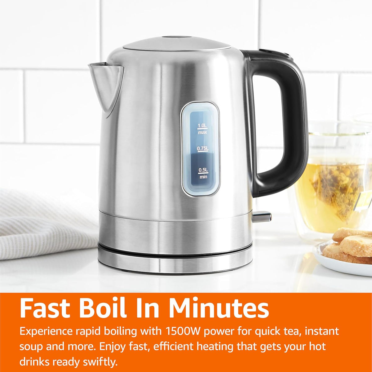 Amazon Basics Electric Stainless Steel Kettle for Tea and Coffee, BPA-Free, Fast Boiling, Auto Shut-Off, 1.1 Quarts, 1500W, Black and Silver