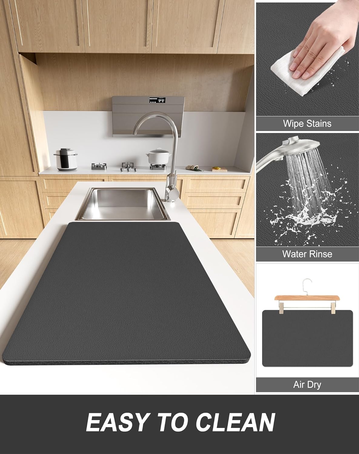 Rnivvi Dish Drying Mat for Kitchen Counter, XL 15 x 24" Super Absorbent Drainer Pad Easy Clean Dish Rack Pad, Non-Slip Heat Resistant Coffee Bar Mats for Coffee Machine Station Accessories Decor, Gray