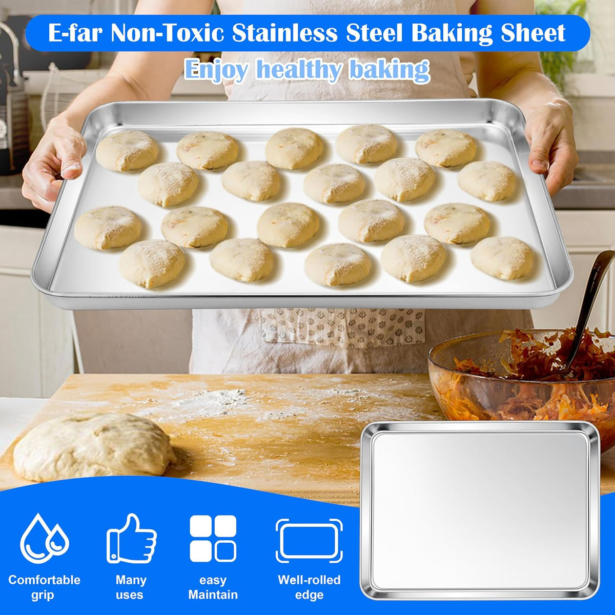 E-far Large Baking Sheets Set of 3, 20”x14” Stainless Steel Cookie Sheet Pans for Oven, Non Toxic Big Metal Baking Tray for Cake Cookies, Healthy & Rust Free, Mirror Finish & Dishwasher Safe