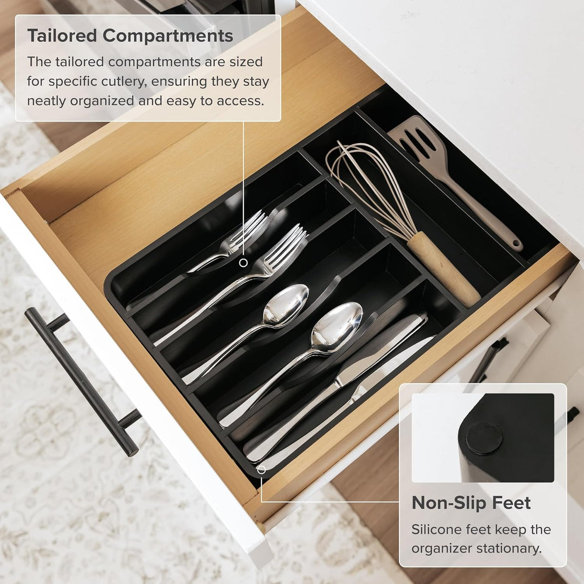 KitchenEdge Silverware Organizer - Cutlery, Flatware, and Utensil Holder for Kitchen Drawers, Fixed 10.5β Width, 7 Storage Compartments, Non-Slip Feet, Rounded Corners, 100% Bamboo, Black Finish