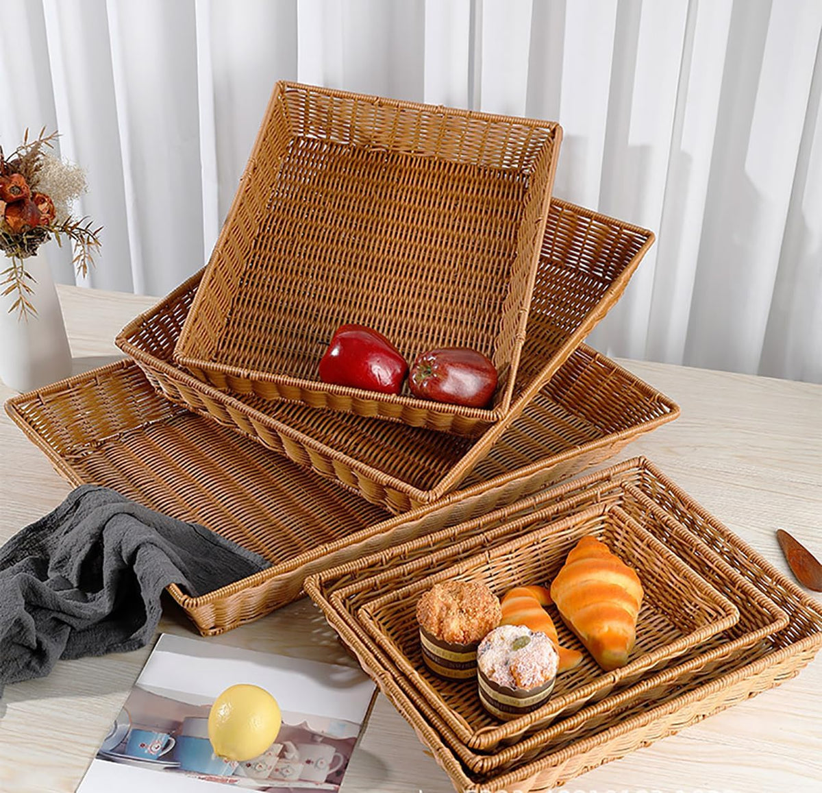 Poly Wicker Bread Basket, Hand Woven Food Storage Room Organizer, Fruits, Vegetables and Snacks Tabletop Food Serving Basket, Restaurant, Hotel Service, Brown (16“2pack)