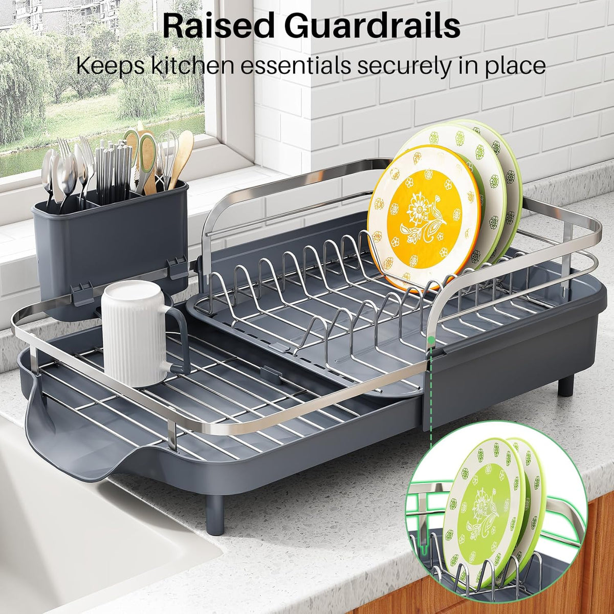 SAYZH Dish Drying Rack - Expandable Dish Rack for Kitchen Counter, Rust-Resistant Dish Drainer with Utensil Holder and Raised Guardrail, Kitchen Organizer for Cup and Bottle (Grey)