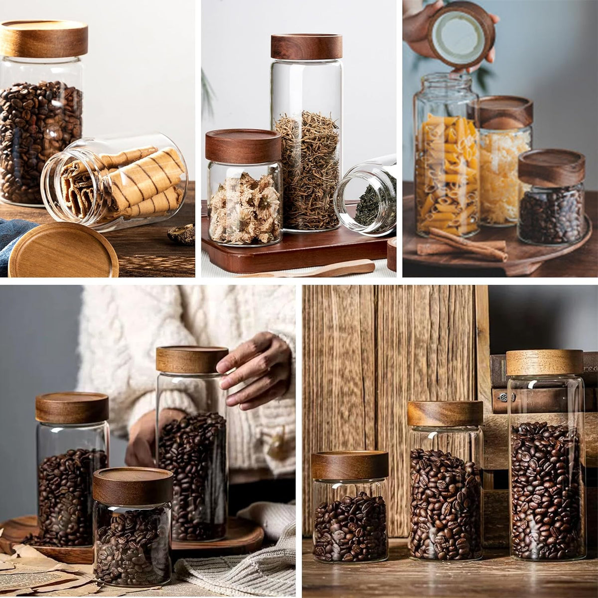 18 oz/550 ml Clear Glass Storage Canister with Airtight Wooden Lid, 4 Pack Small Overnight Oats Containers, Cute Decorative Salad Jar for Snacks Yogurt Spice Sugar Cereal Fruit Coffee Tea