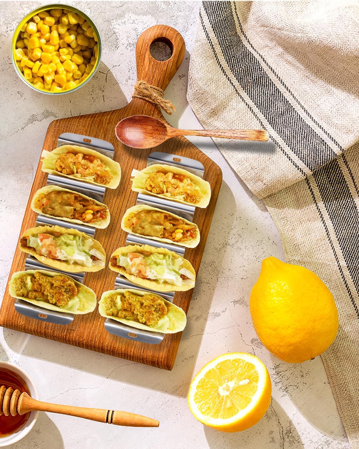 Stainless Steel Taco Holder Stand Set of 4, Total 12 Tacos, U-shape Taco Shell Holder with Handle, Each Stackable Rack Holder Up to 3 Tacos, Dishwasher & Microwave Safe