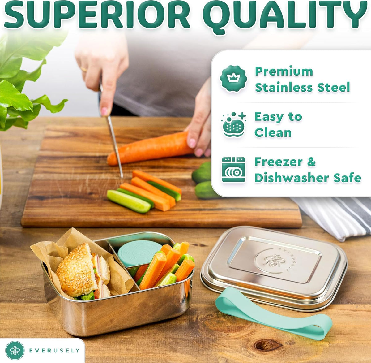 Everusely - Bento Box - Green, 27oz / 0.8 L - Stainless Steel Lunch Box with Leakproof Condiment Container - 3 Compartment Snack Organizer for On the Go Meals - Freezer & Dishwasher Safe