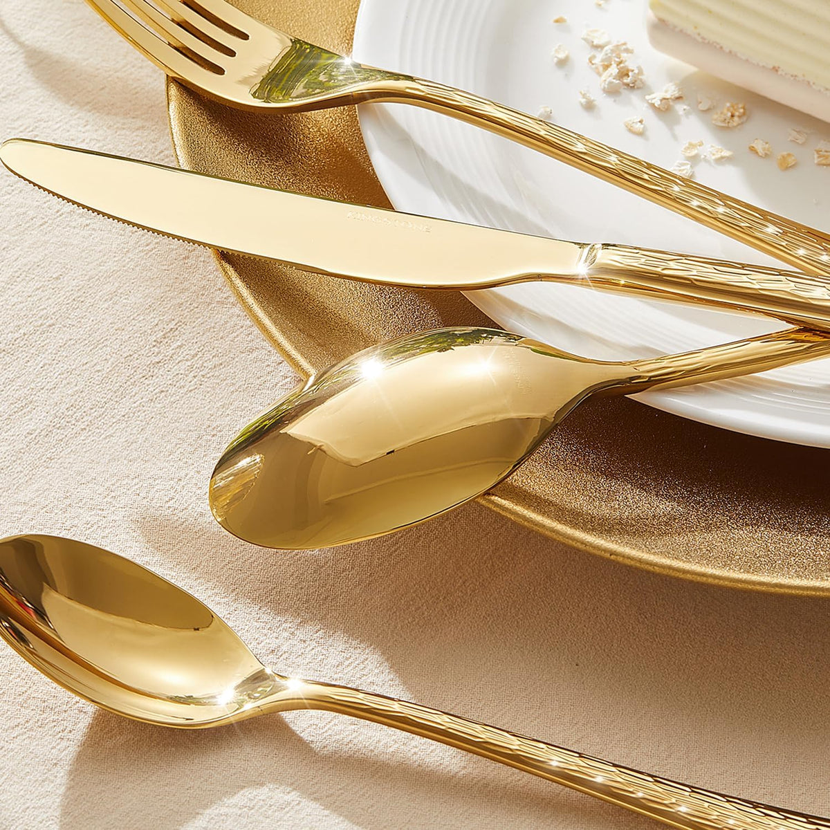 KINGSTONE Gold Hammered Silverware Set, Flatware Set with Serving Utensils, 18/10 Stainless Steel Premium Cutlery with Unique Ripple Handles Design Mirror Polished - Dishwasher Safe (65-Piece)