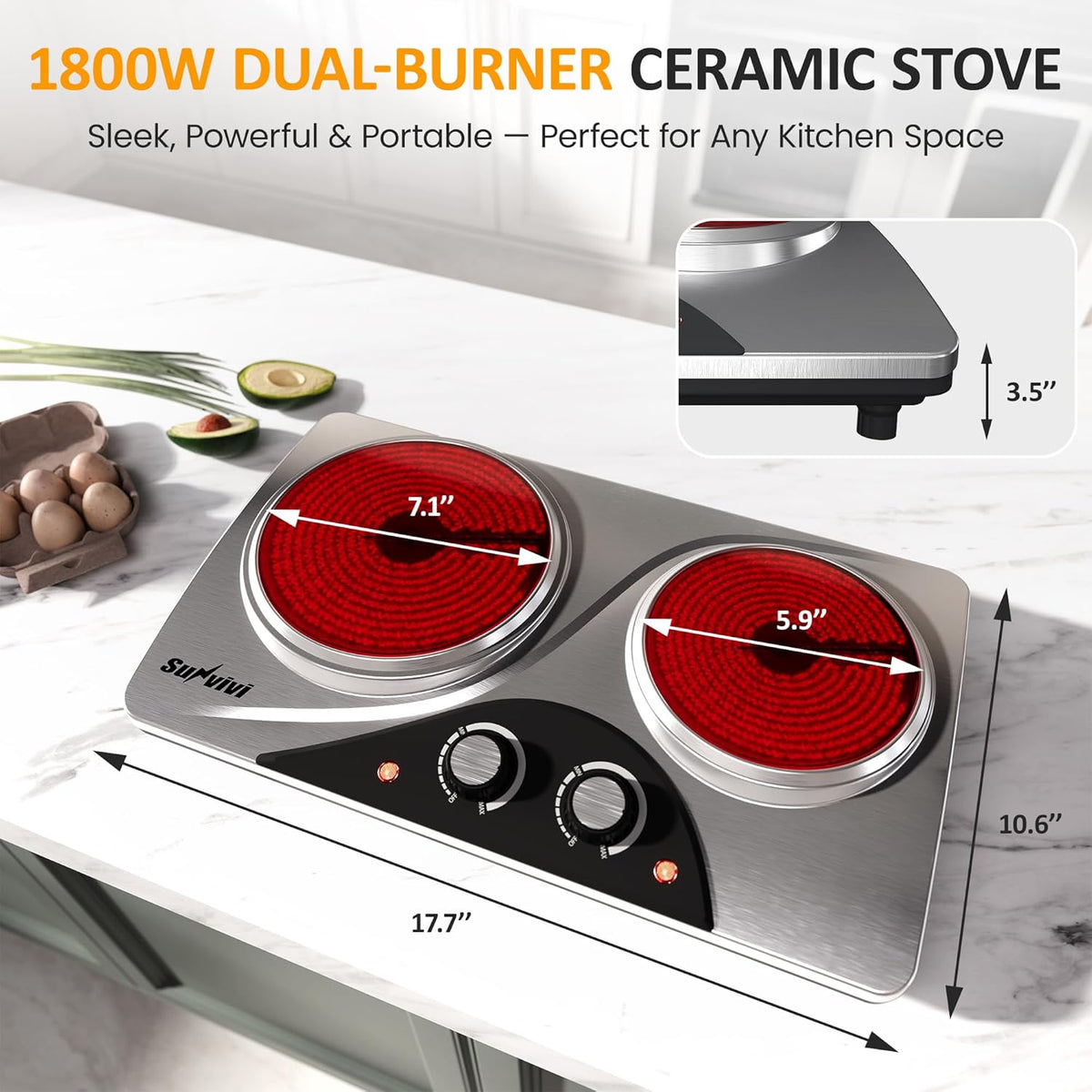 Sunvivi 1800W Dual Burner Portable Electric Ceramic Stove – Knob Control, Indicator Light, Compatible with All Cookware, Ideal for Multiple Cooking Scenarios, Silver