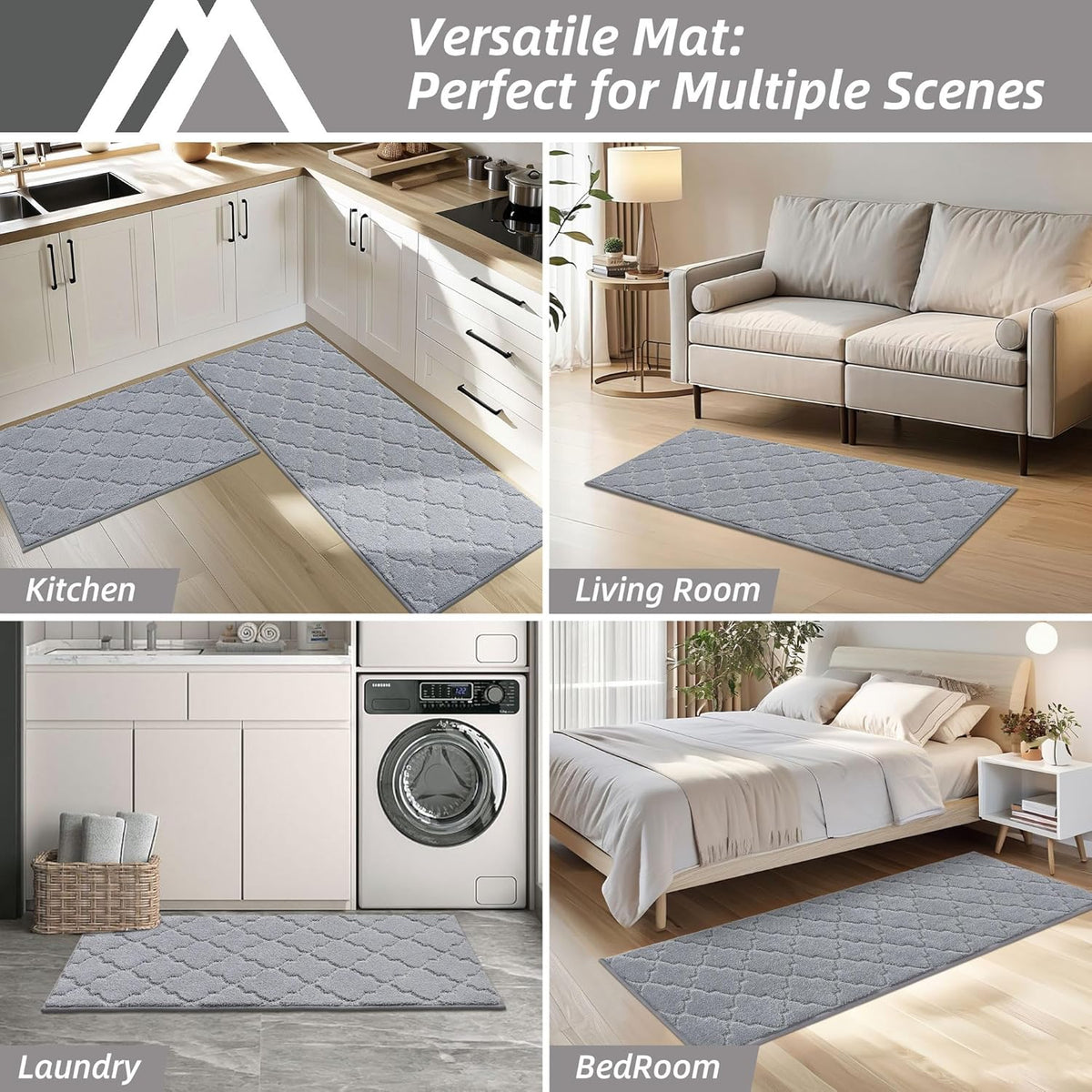 COSY HOMEER Soft Kitchen Floor Mats for in Front of Sink Super Absorbent Rugs and 20"x59" Non-Skid Mat Standing Washable,Polyester,Grey