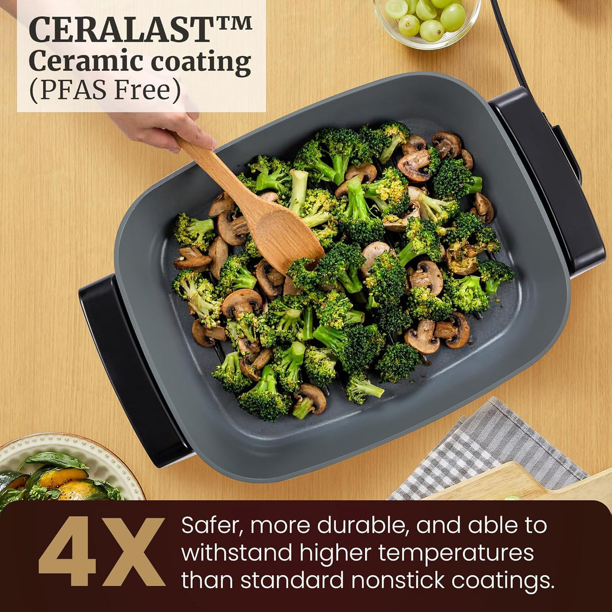 Elite Gourmet EG2615 15" x 12" x 4” Electric Skillet, Durable Xtra Deep Dish, PFAS Free Ceralast™ Ceramic Non-stick, 1500W Rapid Heat, Tempered Glass Vented Lid, Dishwasher Safe, 12.5 Qt., Black/Gray