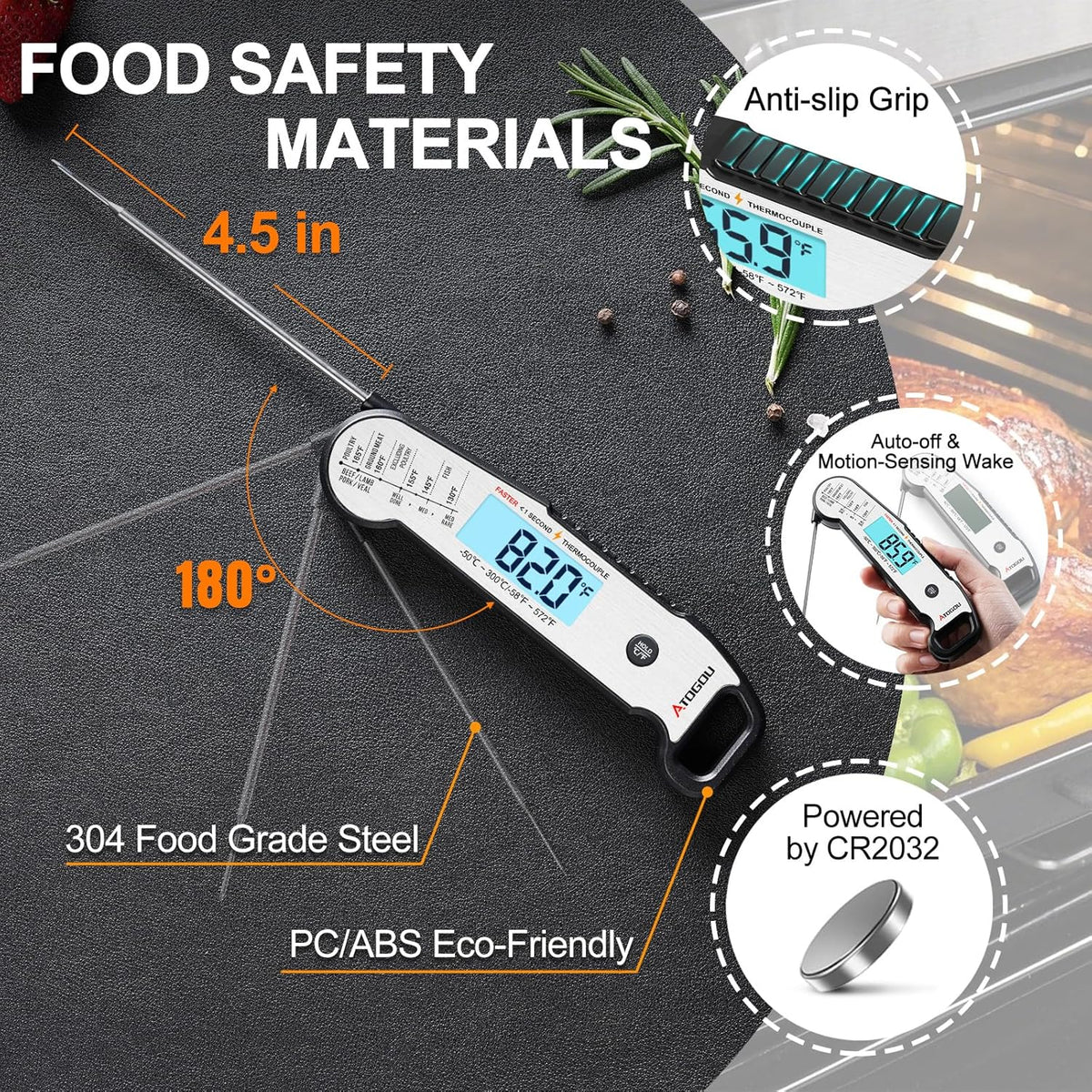 Professional Food & Meat Thermometer, 1 Sec Instant Read & ±0.5℉ Accuracy Driven by Thermocouple Sensor. IP67 Waterproof Digital Thermometer for Cooking, BBQ, Grill Gifts for Men Him Dad Birthday