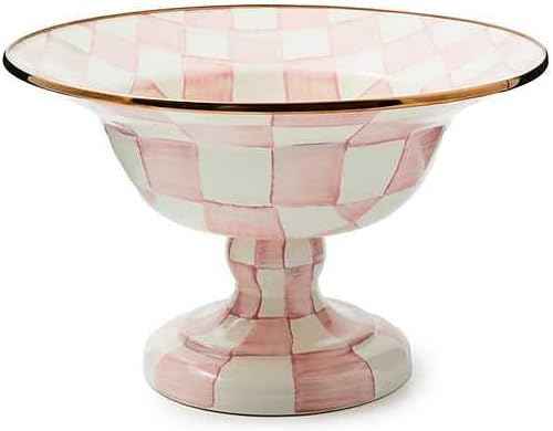 MACKENZIE-CHILDS Enamel Compote, Cute Enamel Pedestal Serving Dish or Decorative Bowl, Large, Pink-and-White Rosy Check