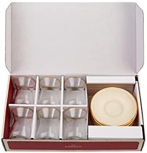 KARACA Retro Beige 6 Person Tea Set - 12 Piece Turkish Tea Cups and Saucers, Turkish Tea Glasses Set with Gold Decal Details