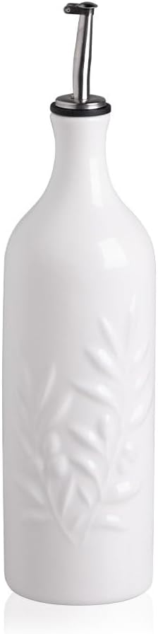 Sweejar Large Ceramic Olive Oil Dispenser Bottle, 24 Oz Relief Opaque Oil Cruet Protects Oil To Reduce Oxidation, Storage Oil, Vinegar, Soy Sauce, Coffee Syrup, Liquids, Set of 1 (White)